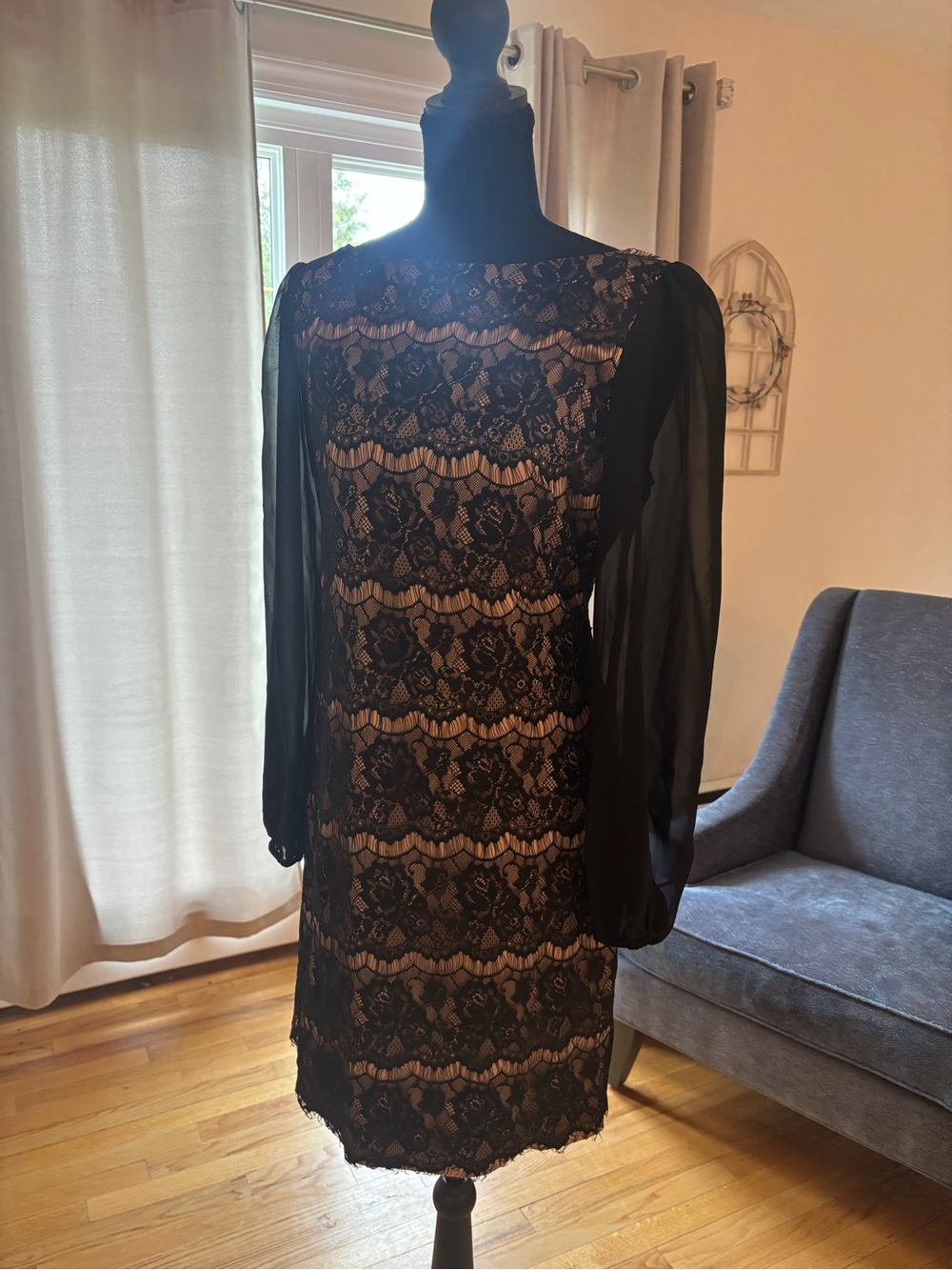 Eliza J Black Lace Overlay Sheath Dress with Sheer Long Sleeves